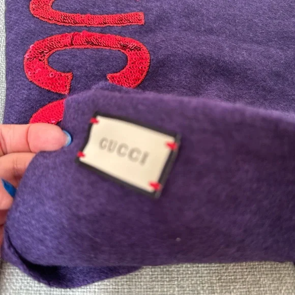Gucci Purple and Red Scarf with Fringe and Embroidery